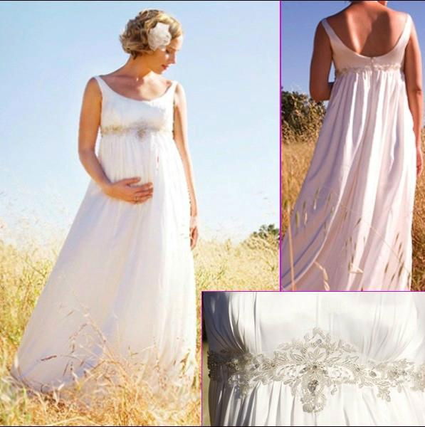 Sleeveless empire wast aline beaded white maternity bridal wedding dress