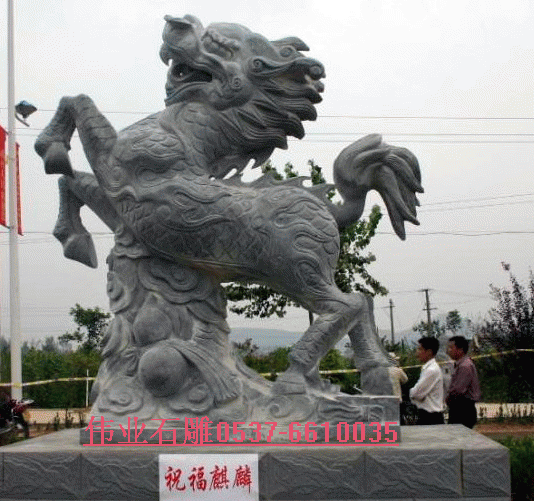 麒麟雕塑石雕麒麟狮子大象貔貅等瑞兽 麒麟,中国古代神话传说中的神兽,据说能活两千年。雄的名麒,雌的名麟,合称麒麟。性格平和,不伤人畜,不蹂躏花草,故称为仁兽。 麒麟的形状像鹿,尾似牛尾,麒有独角,麟无角,口能吐火,声音如雷。中国古代用麒麟象征祥瑞。相传只在太平盛世,或世有圣人时此兽才会涌现,亦作骐驎。 民间传说麒麟会给人们带来儿子,使家族旺盛,因此有麒麟送子之说。传说中孔子的母亲生孔子前曾有麒麟现身。麒麟信仰由来已久,周时就有灵物(四灵之一)之说,至汉时,麒麟的仁兽形象达到了登峰造极的地步,汉许慎《说文