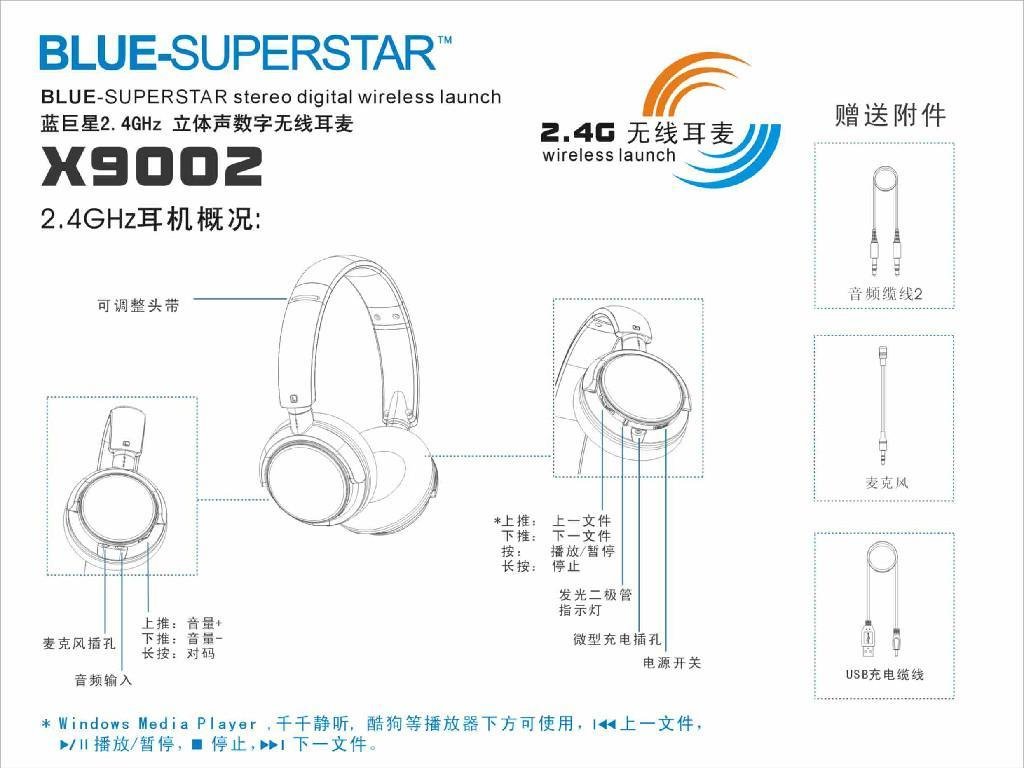 2.4GHz立体声无线耳机,可以连接电视 - X9002