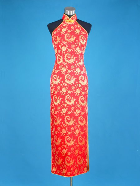 Chinese Phoenix Peony Halter Silk Dress