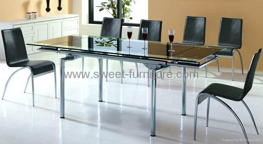 Modern chrome frame extension glass top dining table