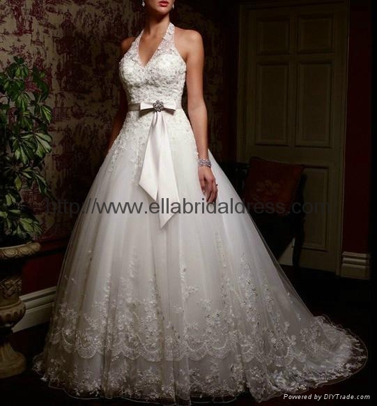 halter neck beaded lace A line ball gown wedding dresses