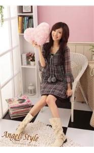 Korean Style Knitted Flower Sleeve Checked Chiffon Dress 1