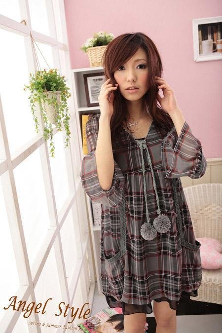Korean Style Knitted Flower Sleeve Checked Chiffon Dress 3