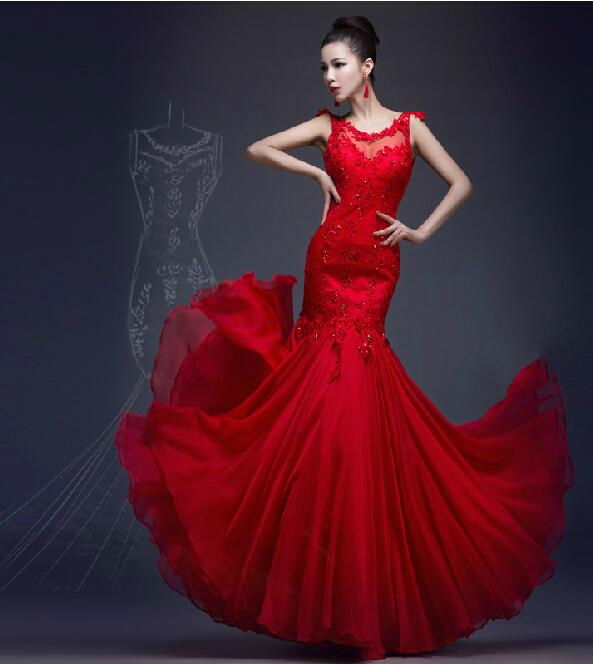 2015 Sheer Wedding Dresses Red Lace Chiffon Mermaid Bridal Evening ...