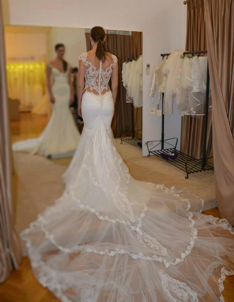 2015 Mermaid Wedding Dresses Sheer Lace Bodice Galiala Bridal Wedding ...