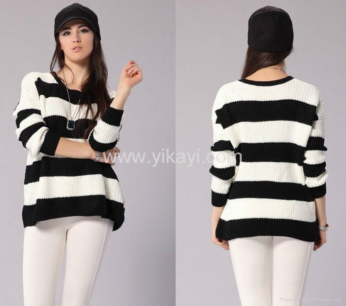 ladies fashion acrylic knitted black/white striped sweater 5