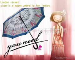 Lady Umbrella, with London Street Pattern, Classic Wooden Umbrella