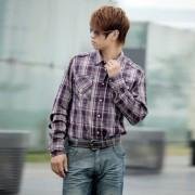 紫色细格双口袋标识 男士长袖纯棉休闲衬衫-SRT-0353