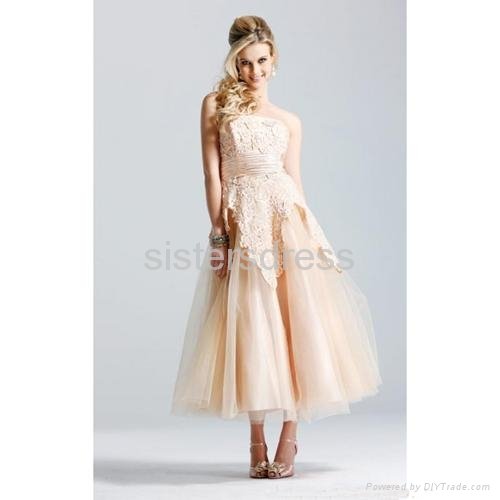 A-Line Strapless Champagne Lace 1950's Wedding Dress