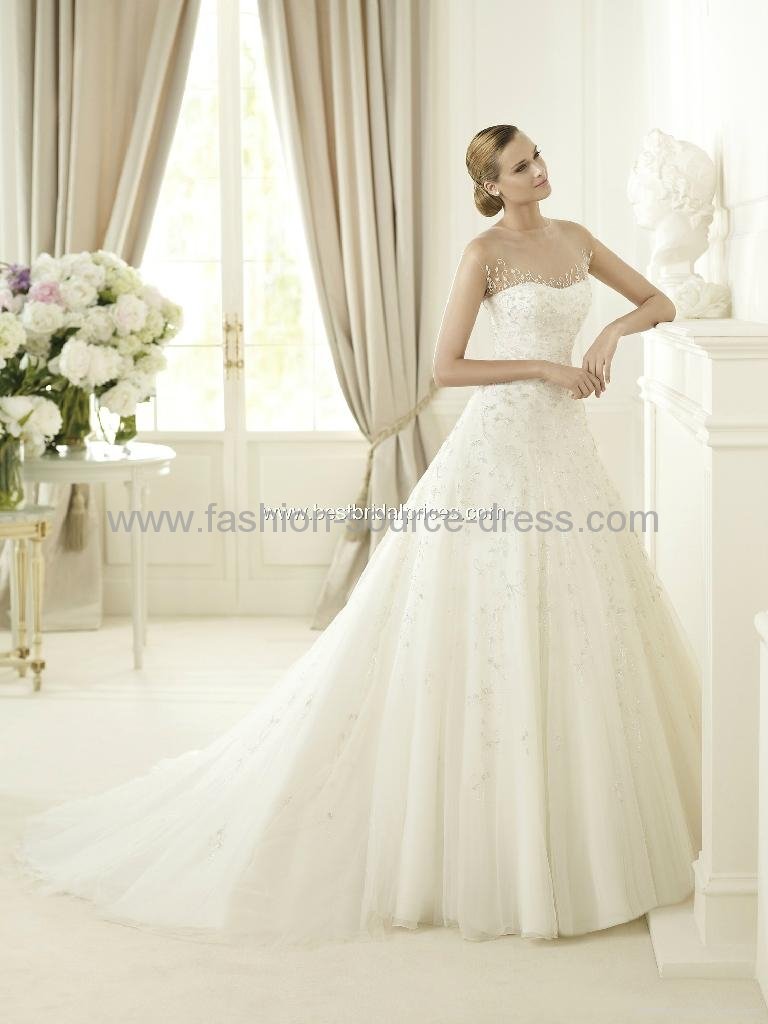 Pronovias Top Quality Embroidery Satin With Tulle Layers Wedding Gown Dress