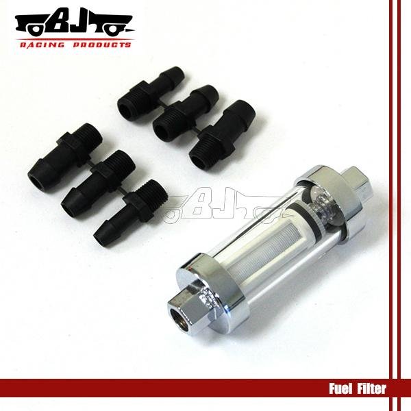 new style chrome plated clear view glass fuel filter with plastic abarbed end fo