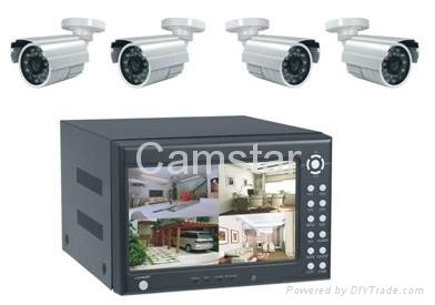 DVR kit: 4-CH H.264 DVR with 7" LCD+4 cameras+cables+adapters: 