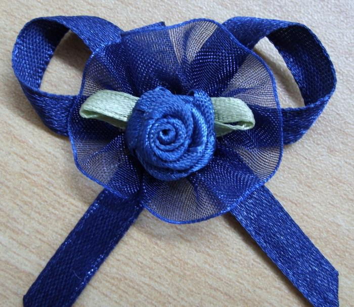  blue double face satin robbon dress bow with artificial flower in middle