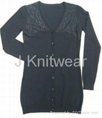 Women Basic V Neck Viscose Cardigan with Lace