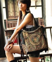 Copper coin style embroidery tote shoulder bag 