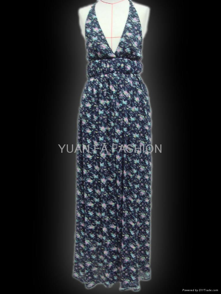 chiffon small floral strap long dress with shirring at back