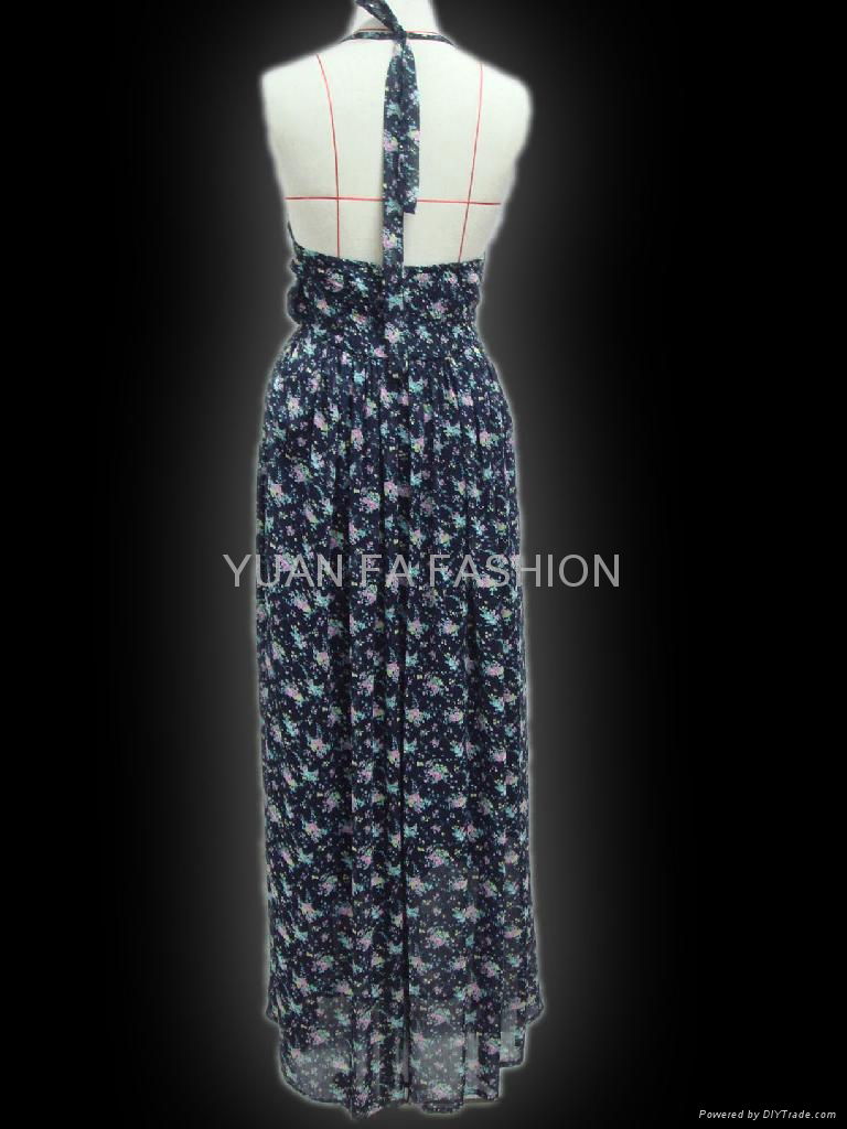 chiffon small floral strap long dress with shirring at back 2