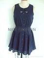 collar trim flare dress with chain buttons