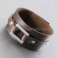 BROWN LEATHER STAINLESS STEEL BANGLE BRACELET