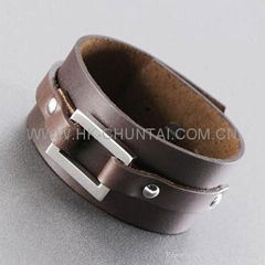 BROWN LEATHER STAINLESS STEEL BANGLE