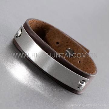 STAINLESS STEEL BROWN LEATHER BANGLE BRACELET