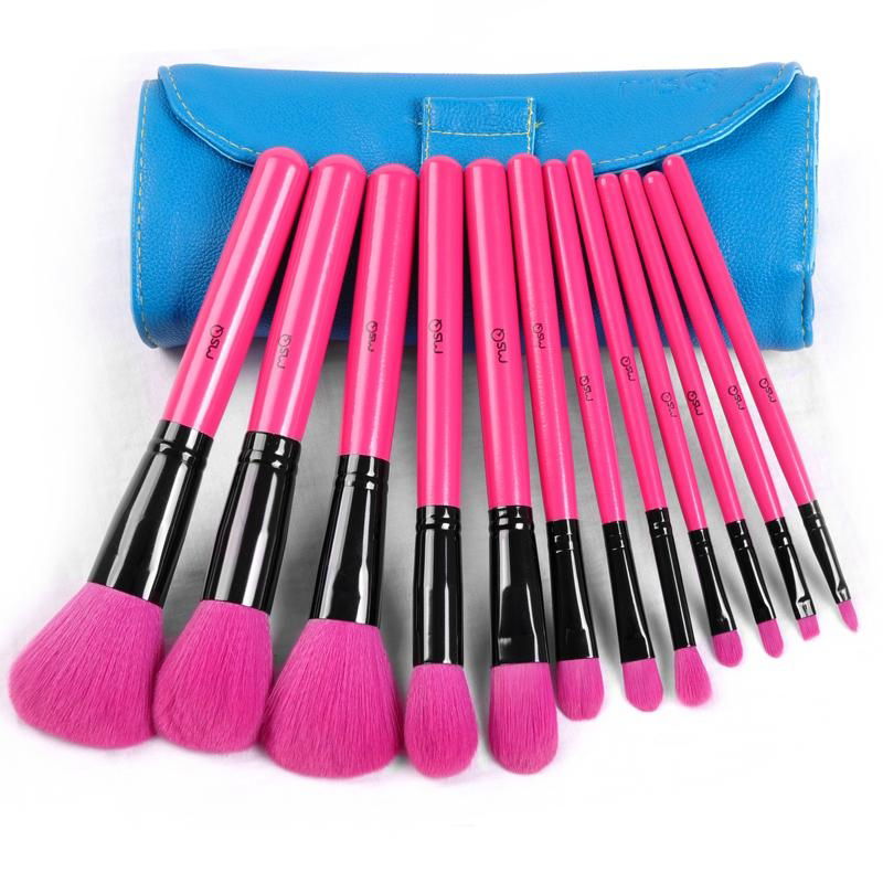 12PCS Cosmetic Natural peach red pro wool brush with H-quality cyanleather bag