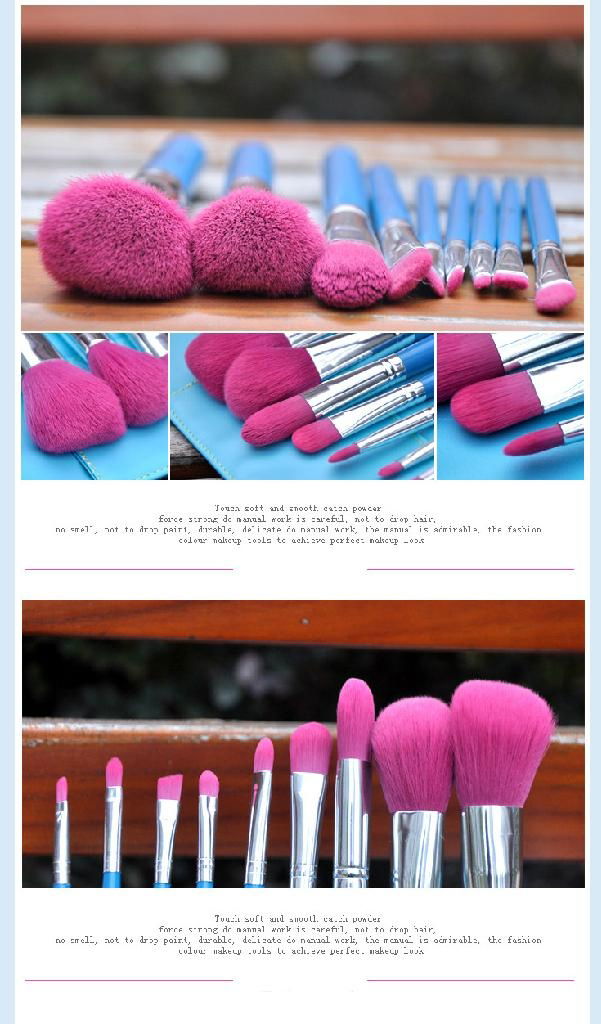 12PCS Cosmetic Natural peach red pro wool brush with H-quality cyanleather bag 3