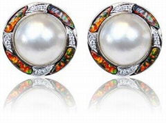 Sterling Silver Synthetic Opal Jewelry- Earrings with Mabe Pearl