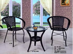 Rattan and wrought iron table and chair