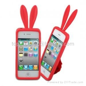 Rabbit Ear Tail Soft Silicon Silicone Protect Case With Stand For iPhone 4 4G  4