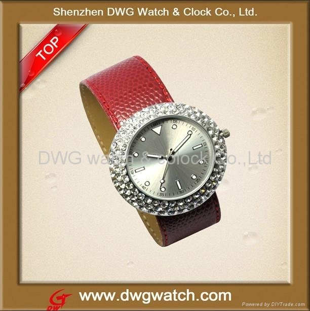 2012 New Style Leather Strap Slap Watch With The Shinny Face Crystal Dial 5