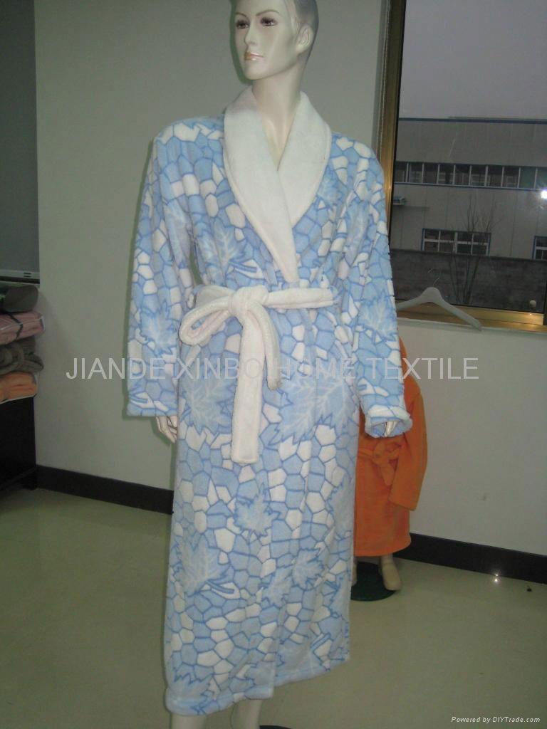 Blue and white checked coral fleece bathrobe