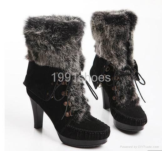 2011冬季新款奢華皮草靴防水台粗高跟短靴真皮兔毛靴288元 3
