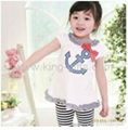 Suit Girls' lace clothes short sleeve shirt + striped short  pants 1