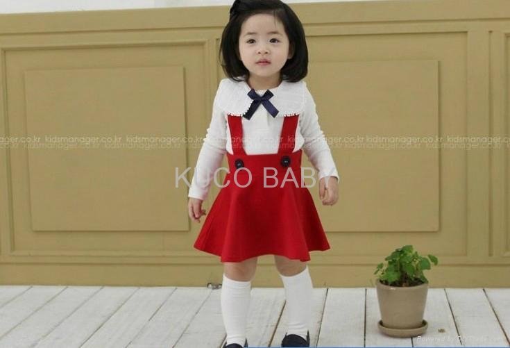White T-Shirt and Red Preppy Style Overalls Baby Suit 80-120cm 3