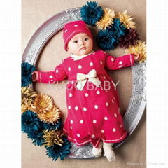 Tide Literary Baby Suit ( Hat and Dress) Deeppink with White Polka Dot 80-100cm