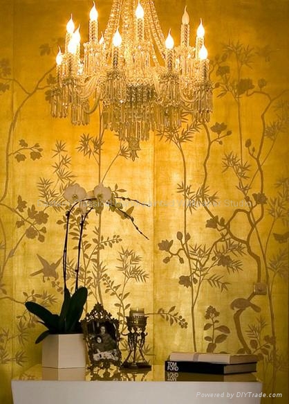 Hand Painted Wallcovering Chinoiserie Wallpaper Silk Fabric Hand Painted Wallcovering Chinoiserie Wallpaper Silk Fabric 1