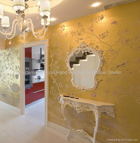 Hand Painted Wallcovering Chinoiserie Wallpaper Silk Fabric