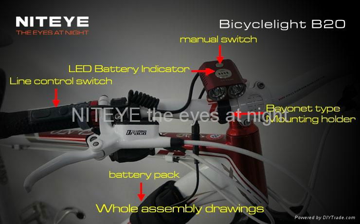 Niteye 1200 lumens B20 LED bicycle light red with battery pack 2