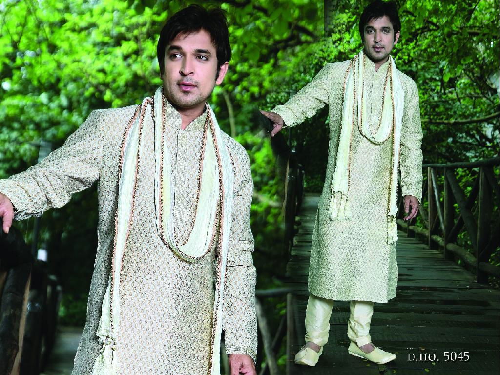 Indian wedding wear 5045 - Off White Brocade Kurta Pajama 