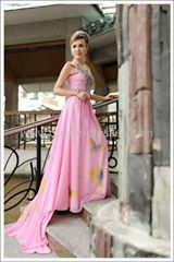 High quality Satin A-line V-neck Brush Train pink prom gown dress