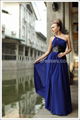 Sexy one-shoulder chiffon blue evening prom dress gown