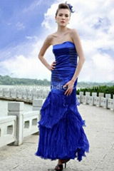 High quality Column Strapless Silk-like Satin Chiffon Blue Evening dress  