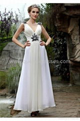 High quality Satin A-line V-neck white beaded evening bridesmaid dress gown