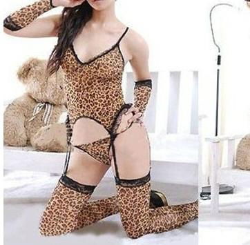 Sexy Leopard Print Lady Garter Tops Thongs Body Stockings Gloves Outfit Lingerie