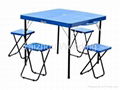 blue plastic camping table with 4 stools