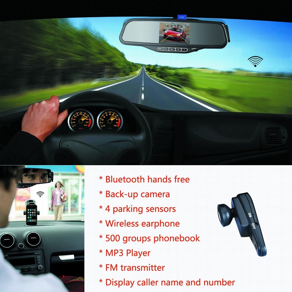 ALD100C--Bluetooth Rearview Mirror with 3.5''TFT & Wired Back-up Camera and 4 Pa 3