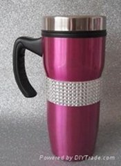 inner plastic,outer s/s travel mug with blingbling mug