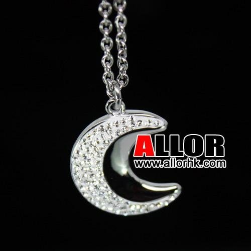 Moon design pendant stainless steel necklace with crystal setting.